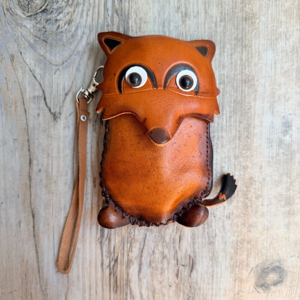 Vintage Tooled Leather Fox Coin Purse Wallet Southwestern Wristlet Handmade
